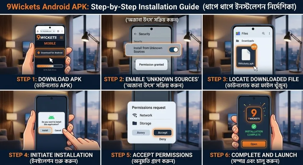 Step by step installation process for the 9Wickets Android APK - 9Wickets